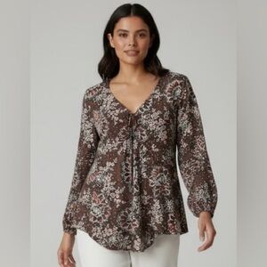 CATO Plus Size Brown/Orange Floral Casual V-neck Long Sleeve Blouse 28